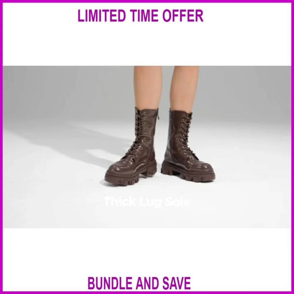 Women's Combat Boots Mid Calf Low Heel Chunky Platform Lug Sole - Picture 7 of 7